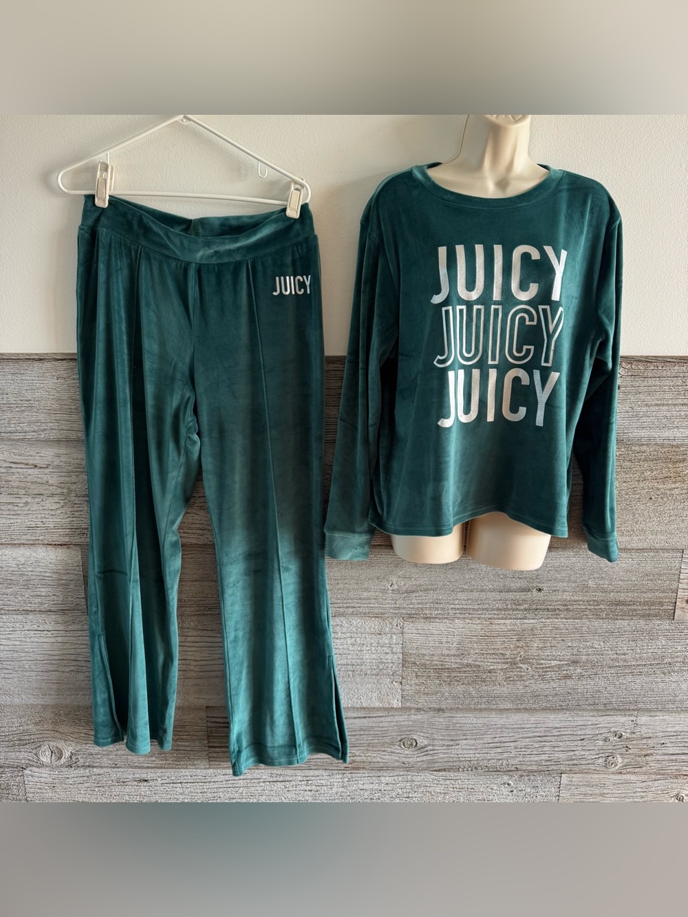 Juicy Couture Velour Lounge Pajama Set Large Green Soft Cozy Sleepwear (G1)